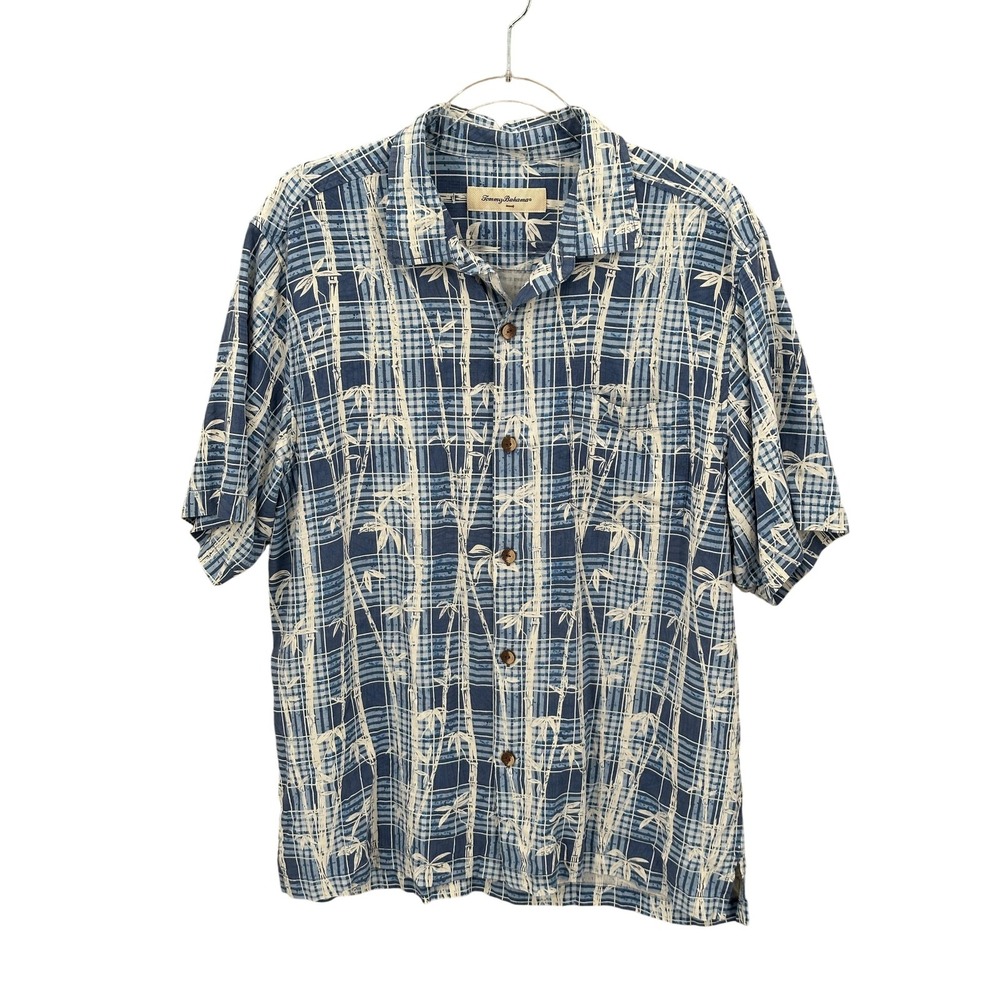 Tommy Bahama Shirt Mens Large Blue White 100% Silk Hawaiian Bamboo Tropical Camp